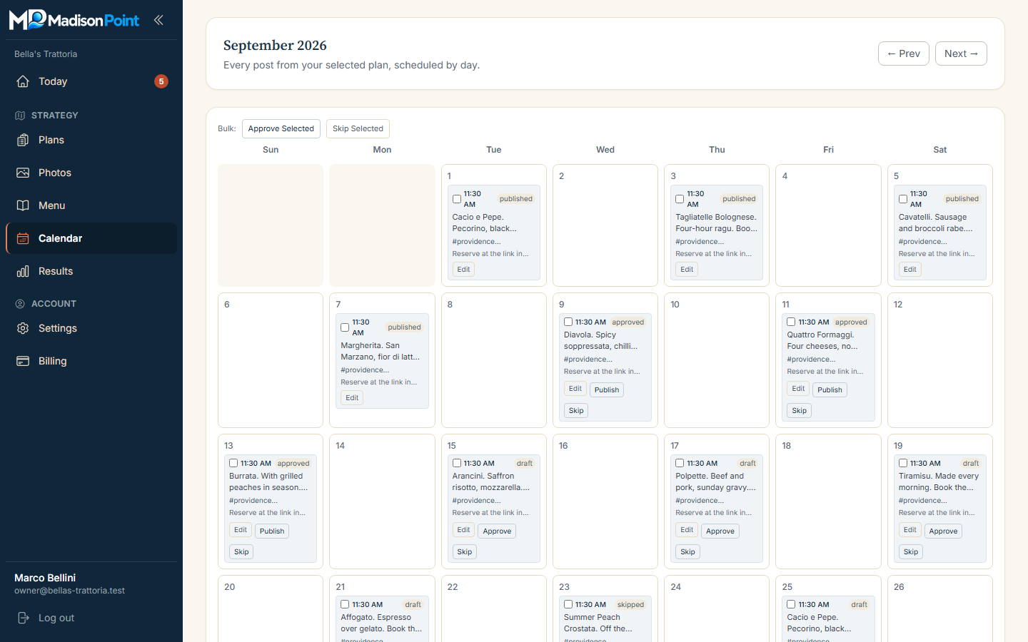 A month's calendar of scheduled posts in the Madison Point dashboard.