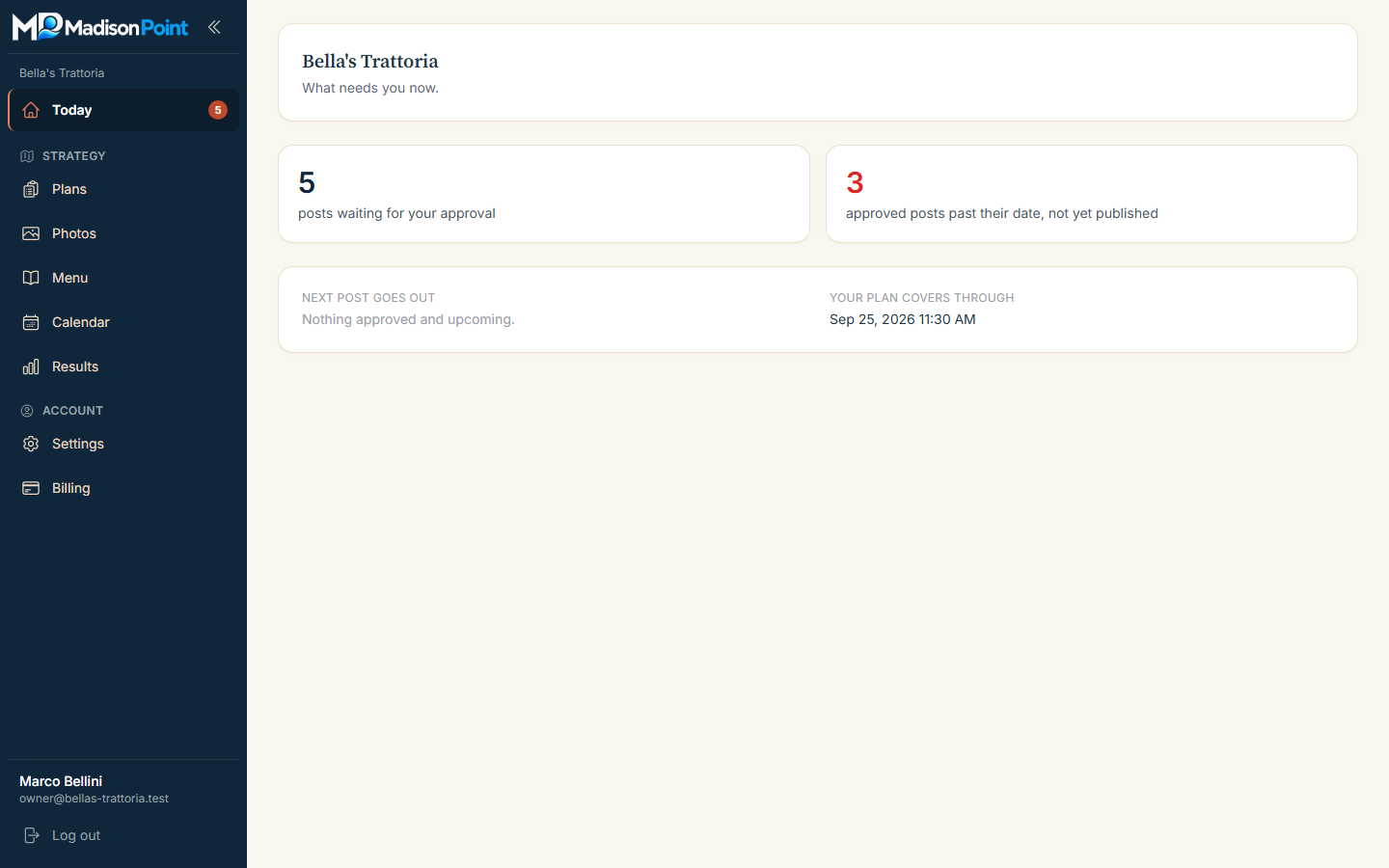Today's approval queue in the Madison Point dashboard.